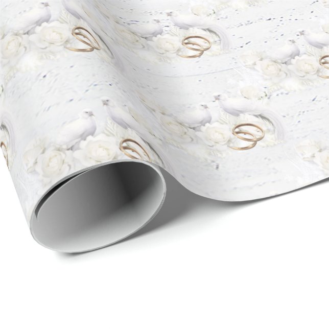 Papel De Regalo Doves bodas y anillos en madera blanca (Esquina del rollo)