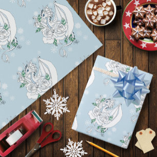 Papel De Regalo Dragón Blanco Rosas Snowflakes Blue