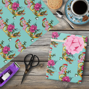 Papel De Regalo Dragón Chino Flor de Loto Flores de Cerezo