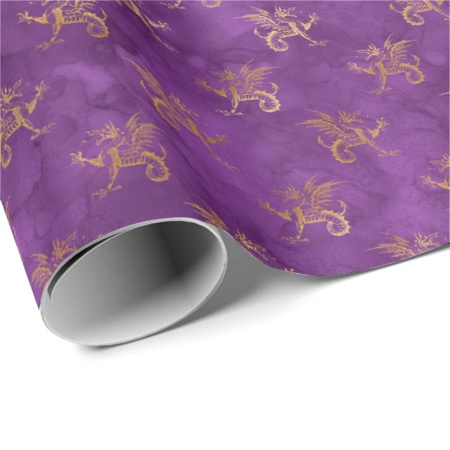 Papel De Regalo Dragon Halloween Spell Gold Purple Pattern (Esquina del rollo)