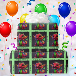 Papel De Regalo Dragon Happy Birthday personaliza el nombre del ni