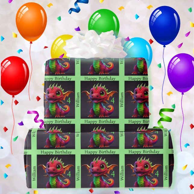 Papel De Regalo Dragon Happy Birthday personaliza el nombre del ni (Subido por el creador)