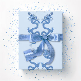 Papel De Regalo Dragón Imperial en Porcelana Azul