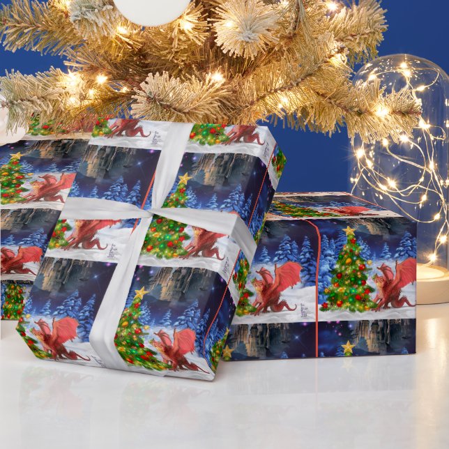 Papel De Regalo Dragón lanzando un árbol de Navidad (Vacaciones)