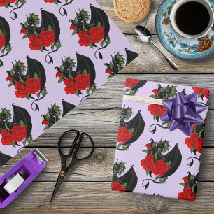 Papel De Regalo Dragón Negro Místico Rosas Rojas Lavanda Gótico