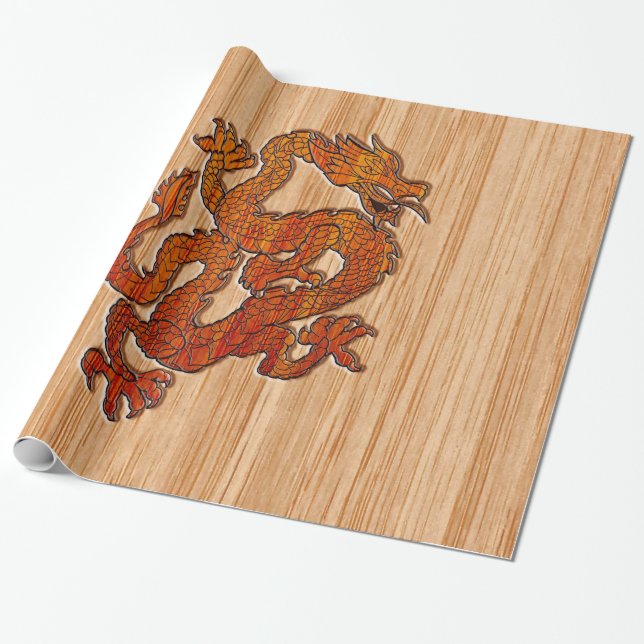 Papel De Regalo Dragón Oriental Rojo al estilo de Bambú (Desenrollado)