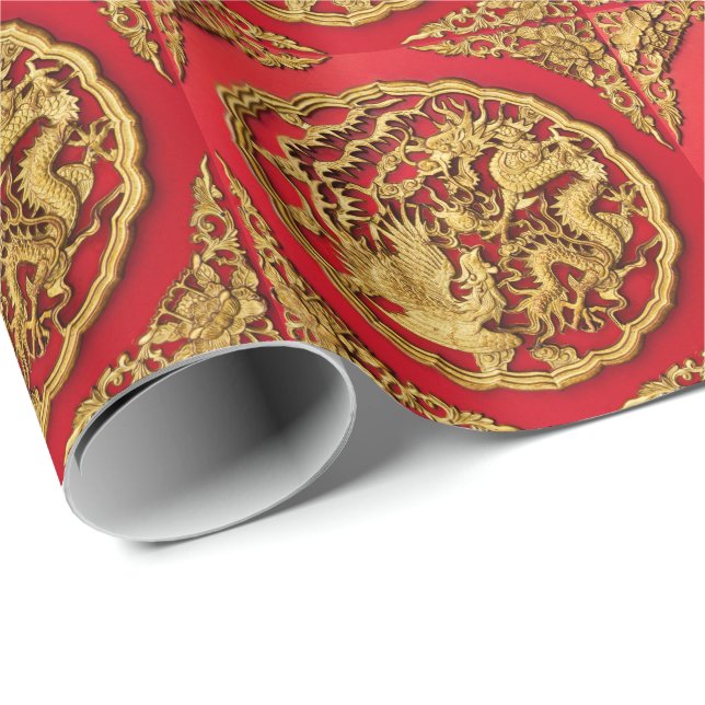 Papel De Regalo Dragon Phoenix Red Gold Boda China (Esquina del rollo)