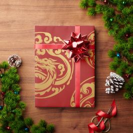 Papel De Regalo Dragón rojo y oro, año nuevo chino