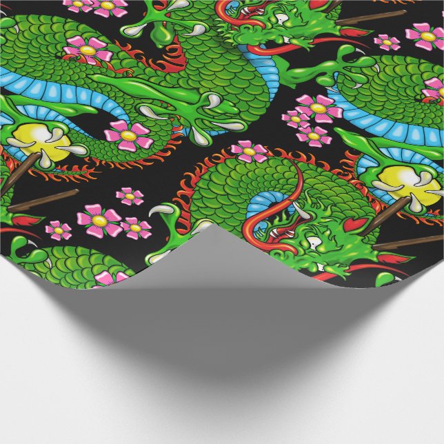 Papel De Regalo Dragon Tattoo Art in Green Red with Cherry Blossom (Esquina)