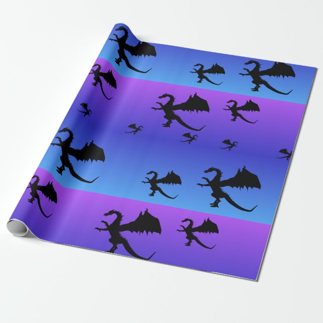 Papel De Regalo Dragón volador Silueta Azul morado (Desenrollado)