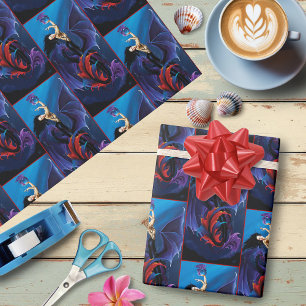 Papel De Regalo Dragones Azules Góticos Sirena Fantasía Púrpura