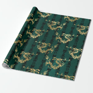 Papel De Regalo Dragones de oro en verde