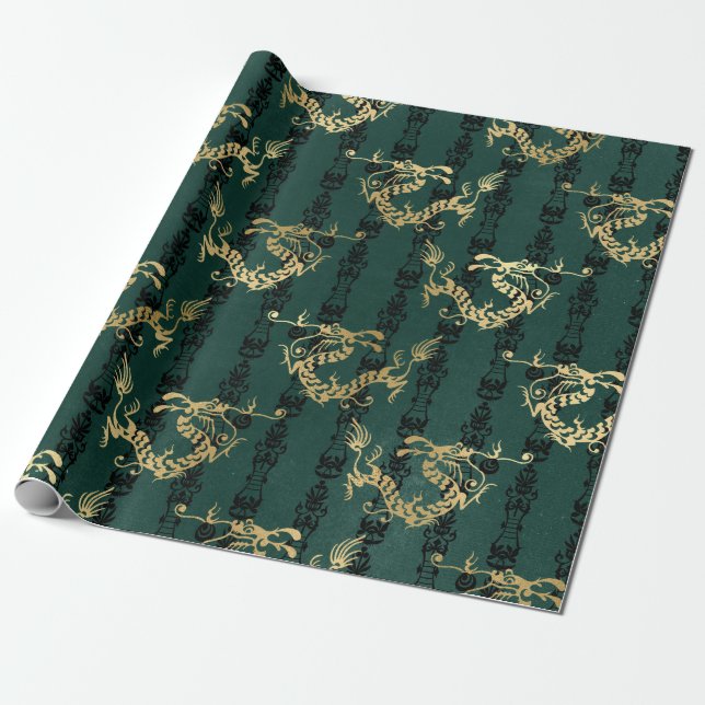 Papel De Regalo Dragones de oro en verde (Desenrollado)