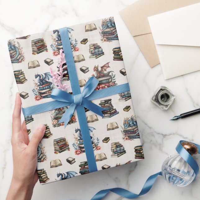 Papel De Regalo Dragones Mágicos & Libros sobre Beige (Regalar)