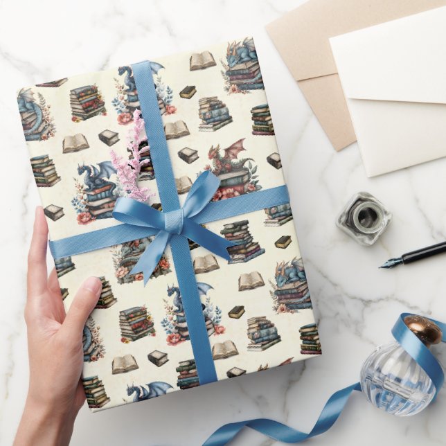 Papel De Regalo Dragones mágicos y libros sobre amarillo claro (Regalar)