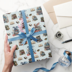 Papel De Regalo Dragones mágicos y libros sobre verde claro