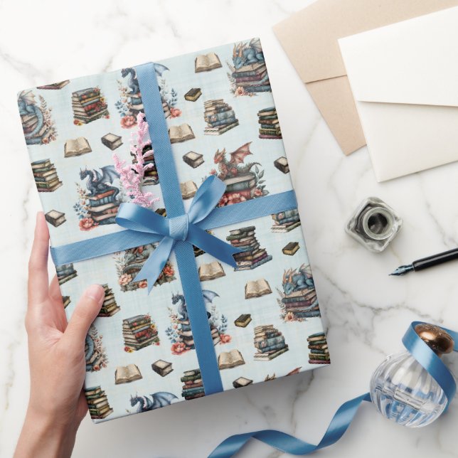Papel De Regalo Dragones mágicos y libros sobre verde claro (Regalar)