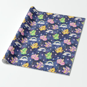 Papel De Regalo Dragones Pastel Cute Y Lluvias Azul Oscuro