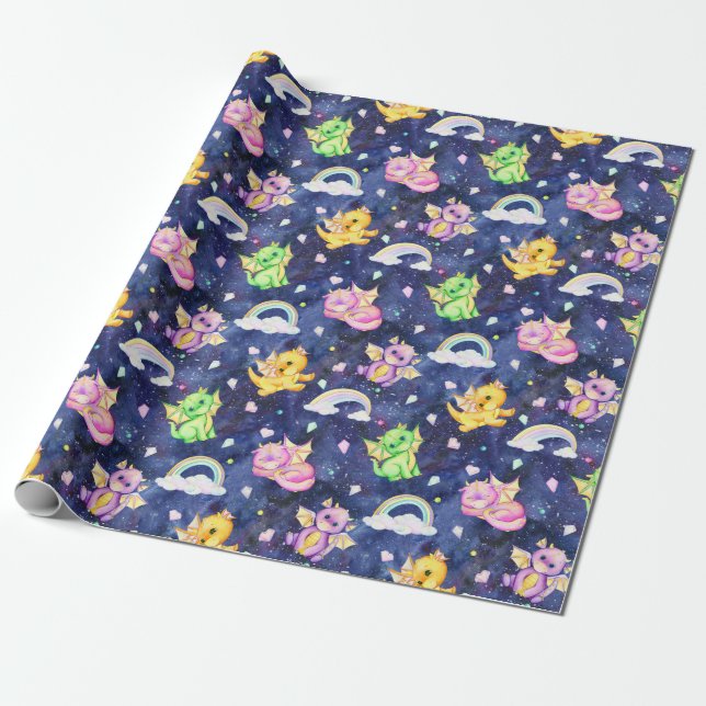 Papel De Regalo Dragones Pastel Cute Y Lluvias Azul Oscuro (Desenrollado)