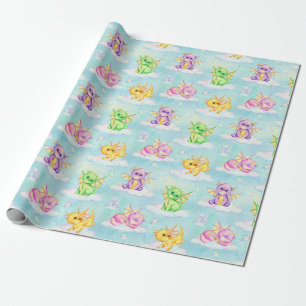 Papel De Regalo Dragones Pastel Cute Y Nubes Azul Claro