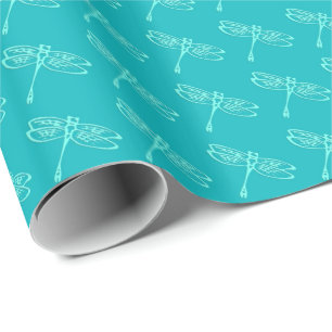 Papel De Regalo Dragonflies, agua pálida sobre turquesa