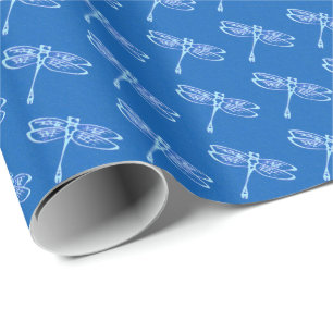 Papel De Regalo Dragonflies, azul pálido sobre el azul del denim