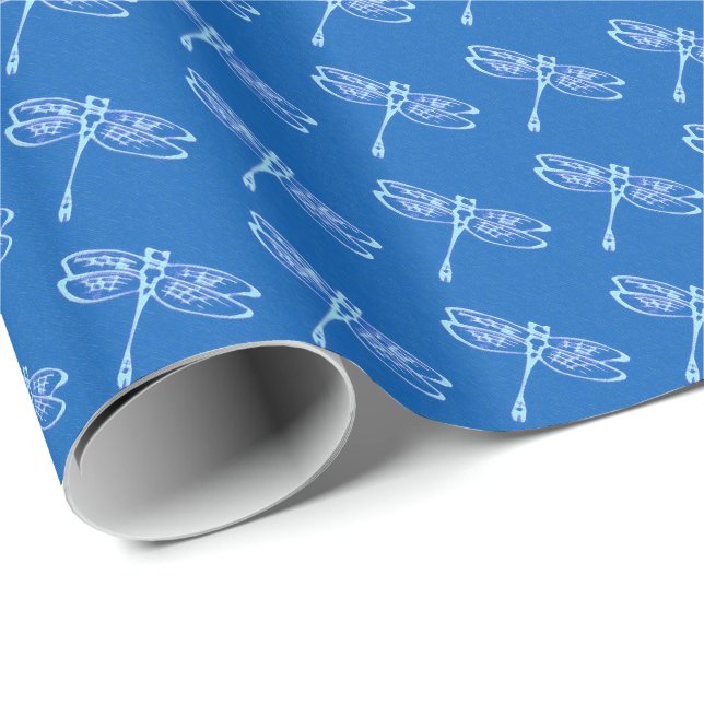 Papel De Regalo Dragonflies, azul pálido sobre el azul del denim (Esquina del rollo)