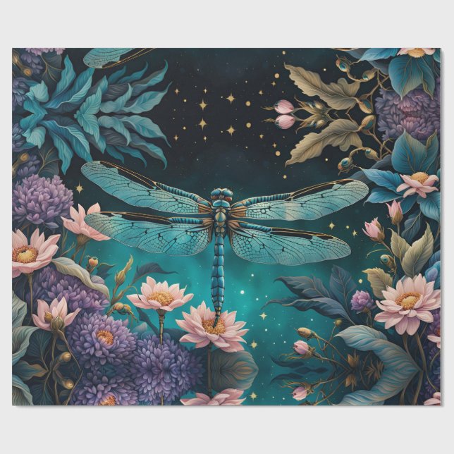 Papel De Regalo Dragonfly en un jardín de flores por la noche (Superficie plana)