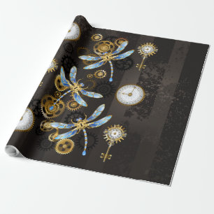 Papel De Regalo Dragoniscos de Steampunk sobre fondo rayado marrón