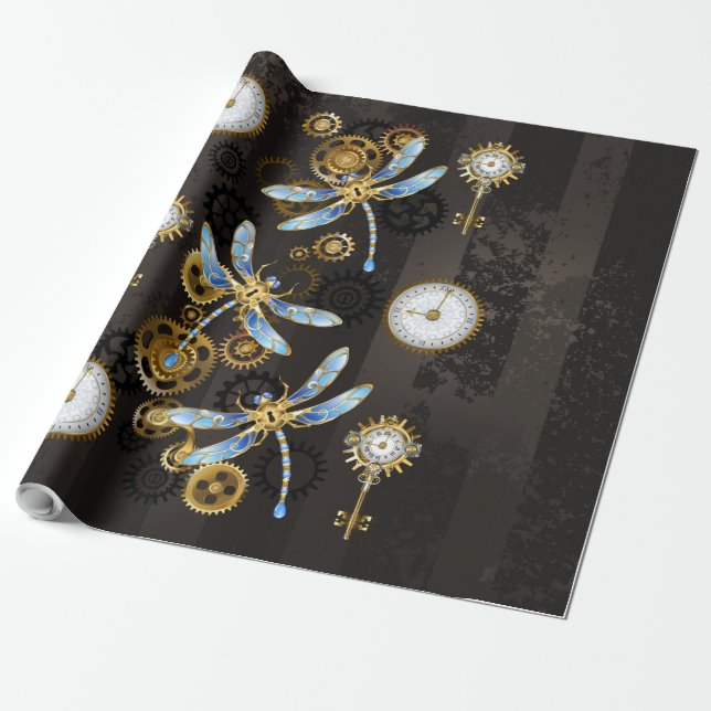 Papel De Regalo Dragoniscos de Steampunk sobre fondo rayado marrón (Desenrollado)