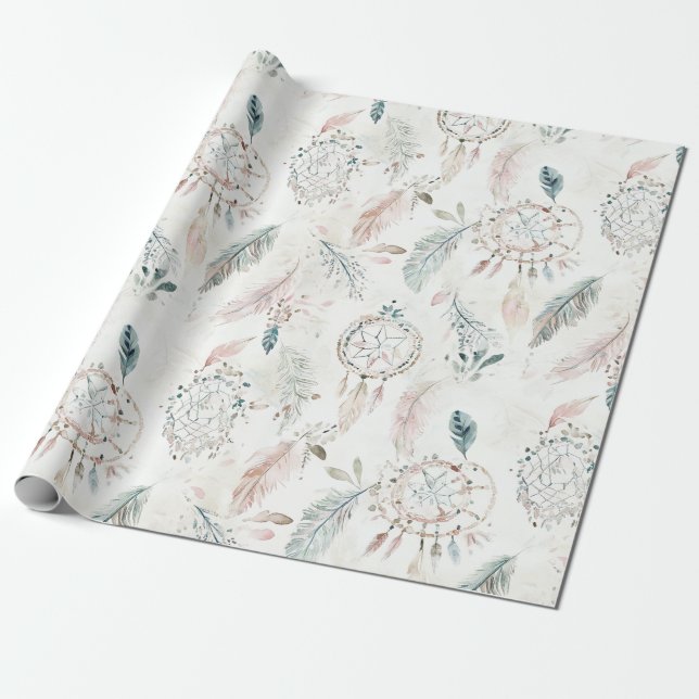 Papel De Regalo DREAMCATCHER Boho Feathers Neutral Wrapping Paper (Desenrollado)