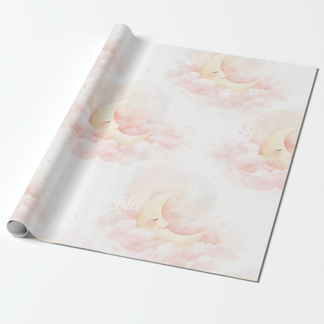 Papel De Regalo Dreamy Pink Moon Baby Shower Wrapping Paper, Cute  (Desenrollado)