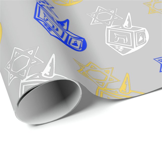 Papel De Regalo Dreidels + Stars Wrapup Paper (Esquina del rollo)