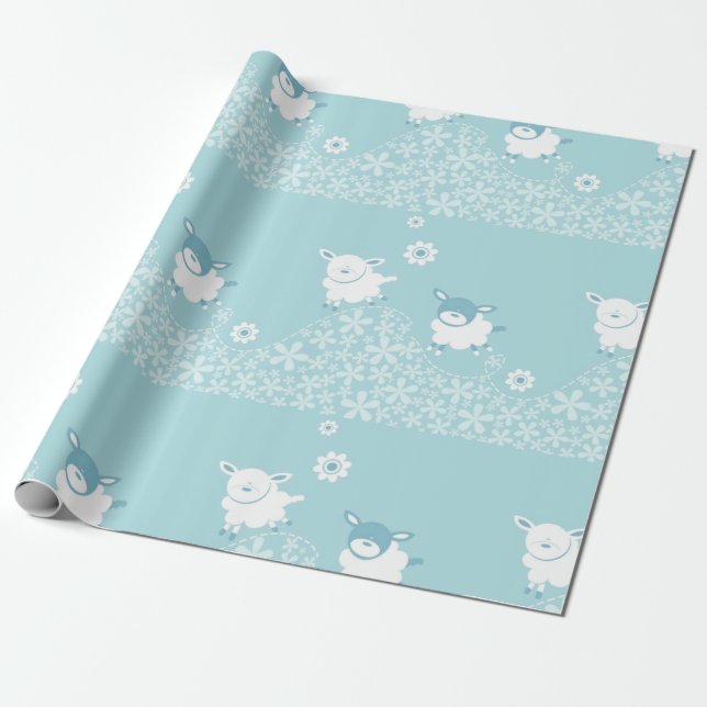 Papel De Regalo ducha azul del bebé de las ovejas (Desenrollado)
