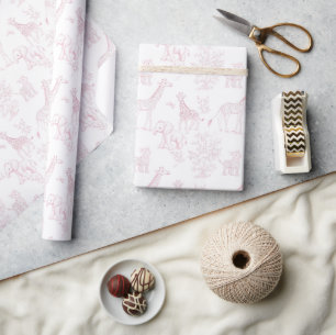 Papel De Regalo Ducha de Bebé con Tema de Animales Toile Rosa Vint