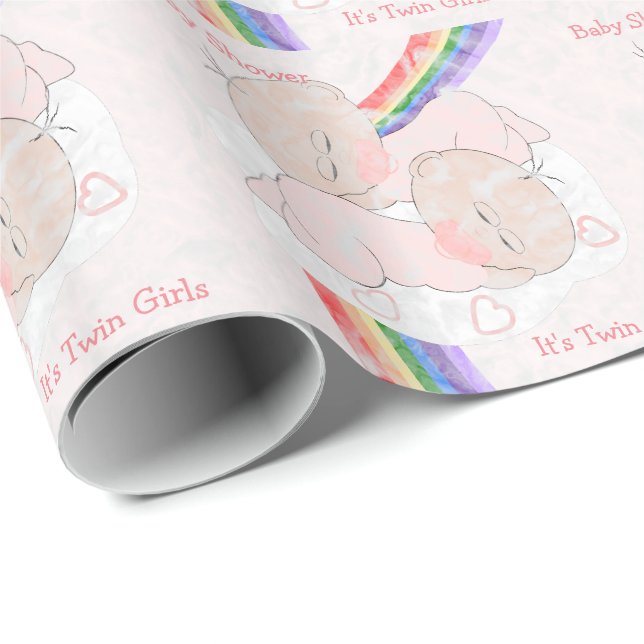 Papel De Regalo Ducha de Bebé Gemelas Arcoíris Personalizada (Esquina del rollo)