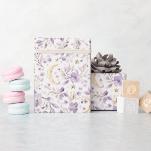 Papel De Regalo Ducha de Bebé Lunas Estrellas y Flores Purpúreas