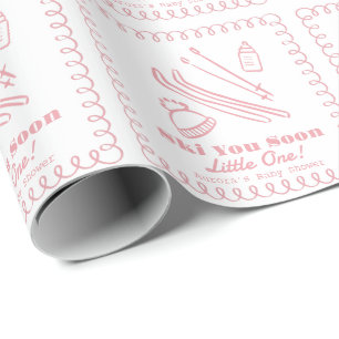 Papel De Regalo Ducha de Bebé Niña Esquiarte Pronto Rosa Dibujada 