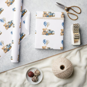 Papel De Regalo Ducha de bebé niño Oso de peluche Azul Dorado Tren