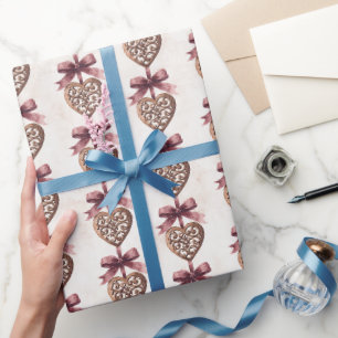 Papel De Regalo Ducha de Novia Corazones de Bronce Lazos Rojos
