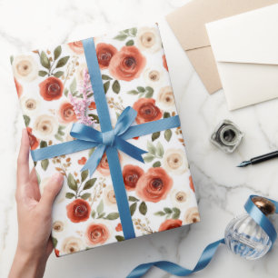 Papel De Regalo Ducha de Novia Corazones Rojos Crema y Flores