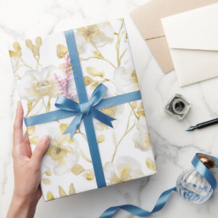 Papel De Regalo Ducha de Novia Floral Blanca Dorada Romántica