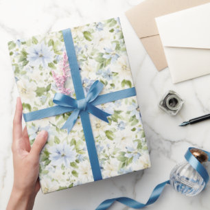 Papel De Regalo Ducha de Novia Floral Crema Azul