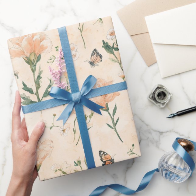 Papel De Regalo Ducha de Novia Floral Mariposas Melocotón (Regalar)