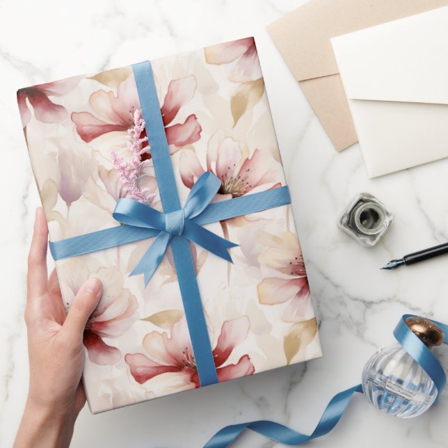 Papel De Regalo Ducha Nupcial Floral Crema Rojo Burgundy (Regalar)