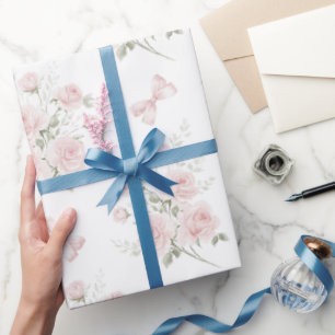 Papel De Regalo Ducha Nupcial Floral Rosas Lazos Rosados
