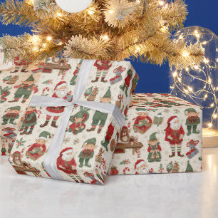 Papel De Regalo Duende de Santa navideño con azulejos festivos
