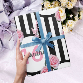 Papel De Regalo Dulce 16 rosas rosadas de moda rayas blancas negra