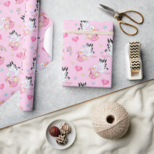 Papel De Regalo Dulce Bebé Niña y Cigüeña 