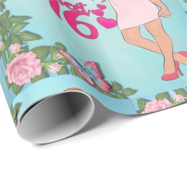 Papel De Regalo Dulce Chica De Cumpleaños 16 Con Flores (Esquina del rollo)